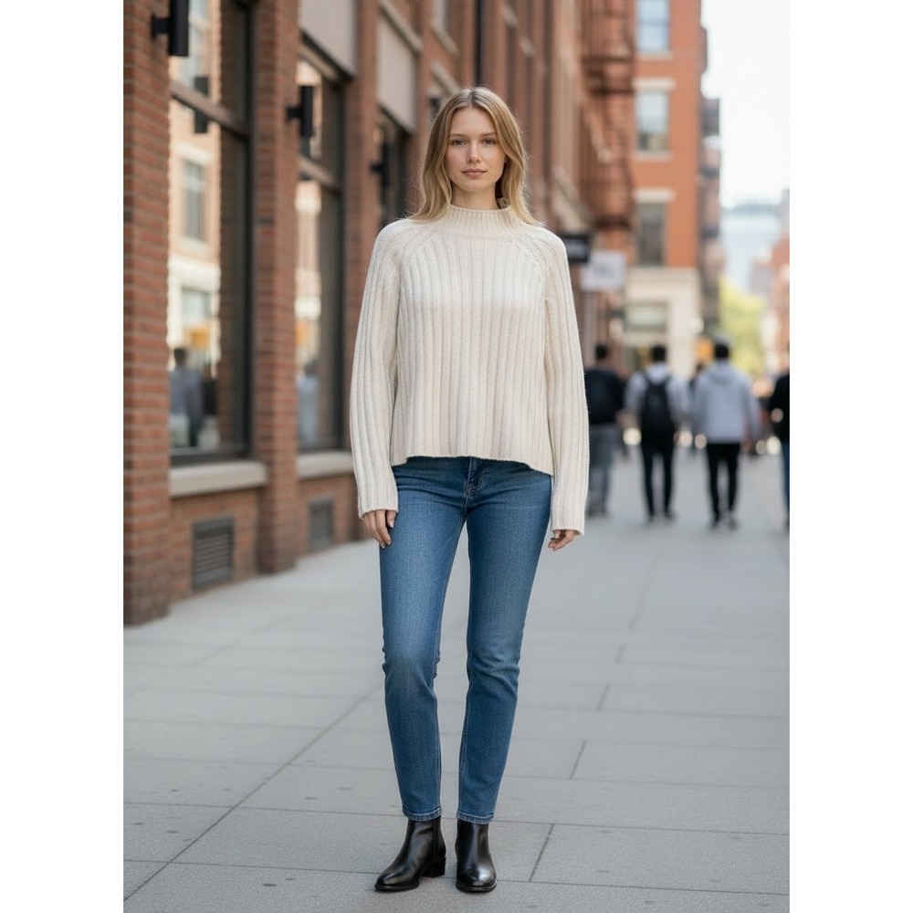 American Eagle Cream Chenille Ribbed Mock Neck Pullover Sweater Large Ivory Chic